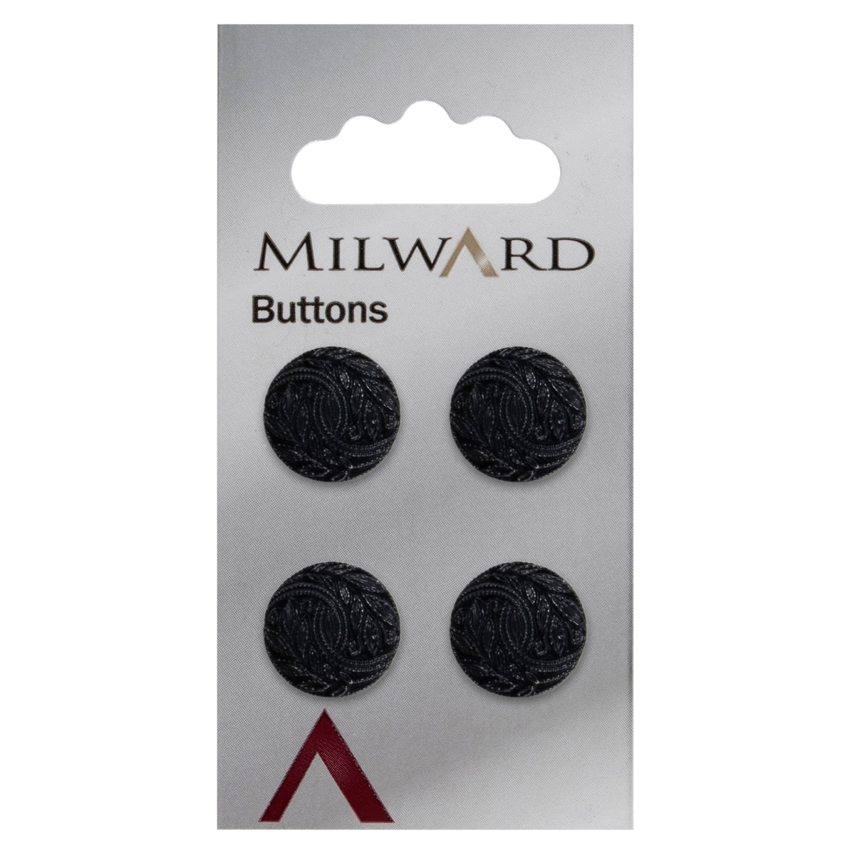 Black button with embossed paisley pattern
