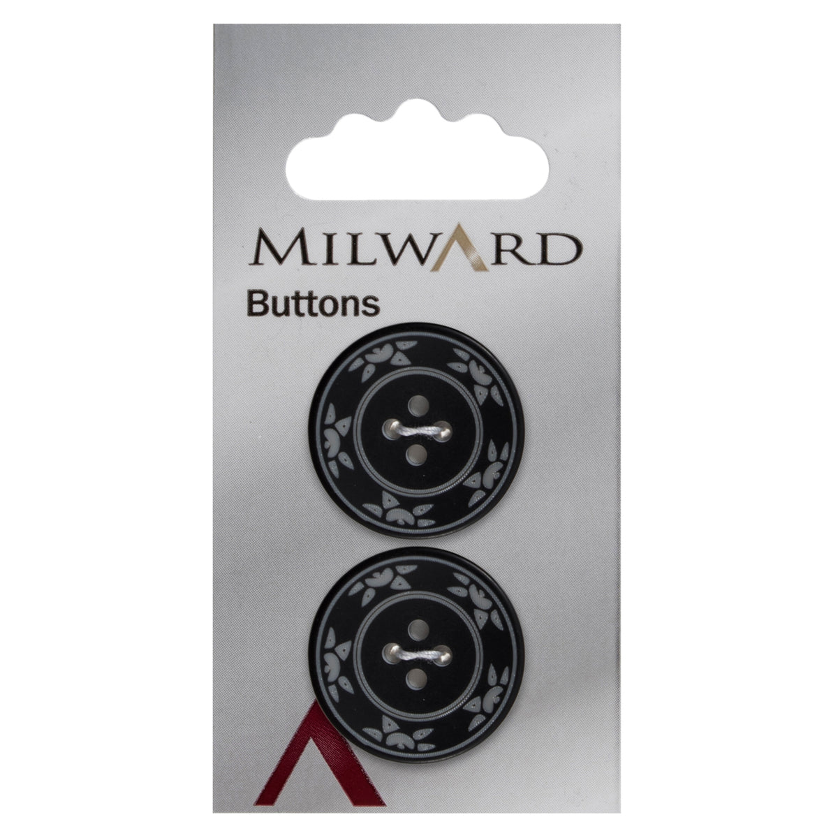 Black four-hole button with a white floral border