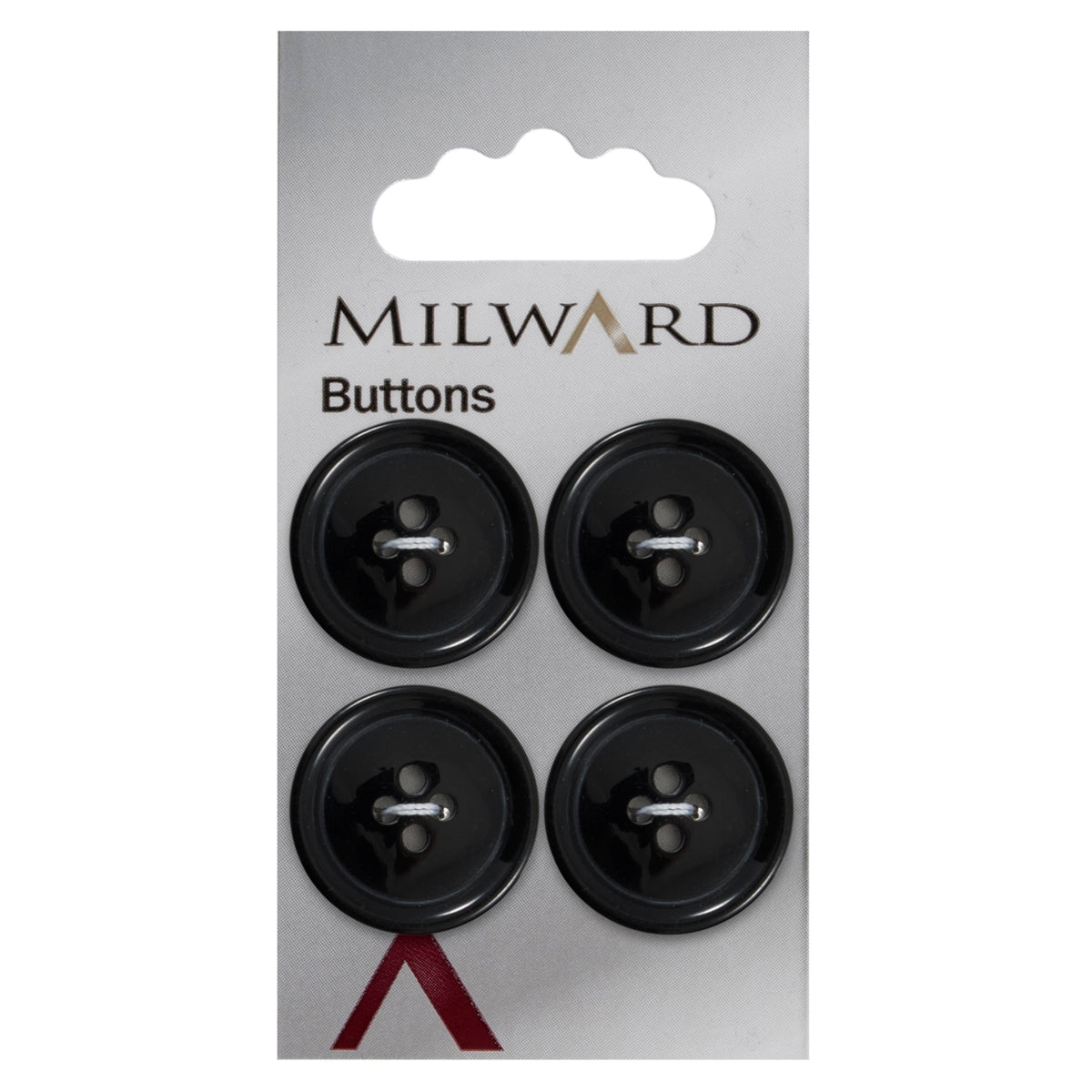 Glossy black four-hole button with raised rim