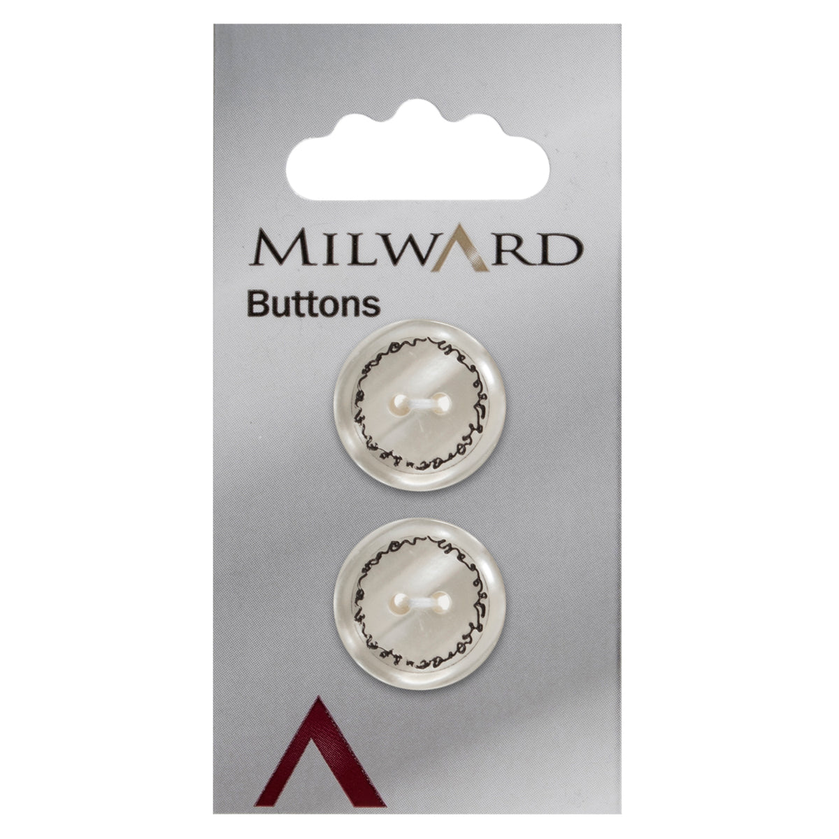 Clear button with black squiggle ring print and two holes