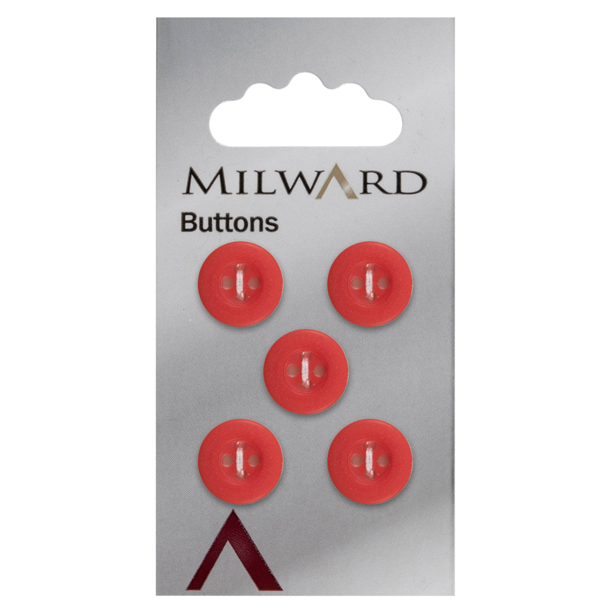 Milward 12mm round bright red button with a wide rim and four holes