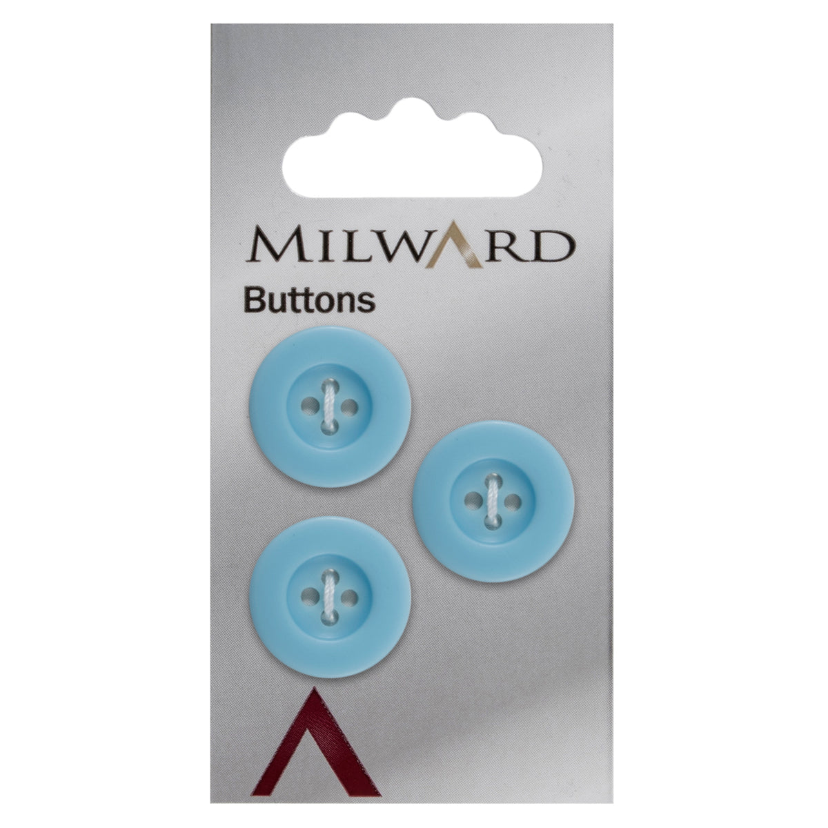 Milward 17mm round sky blue button with a rim and four holes