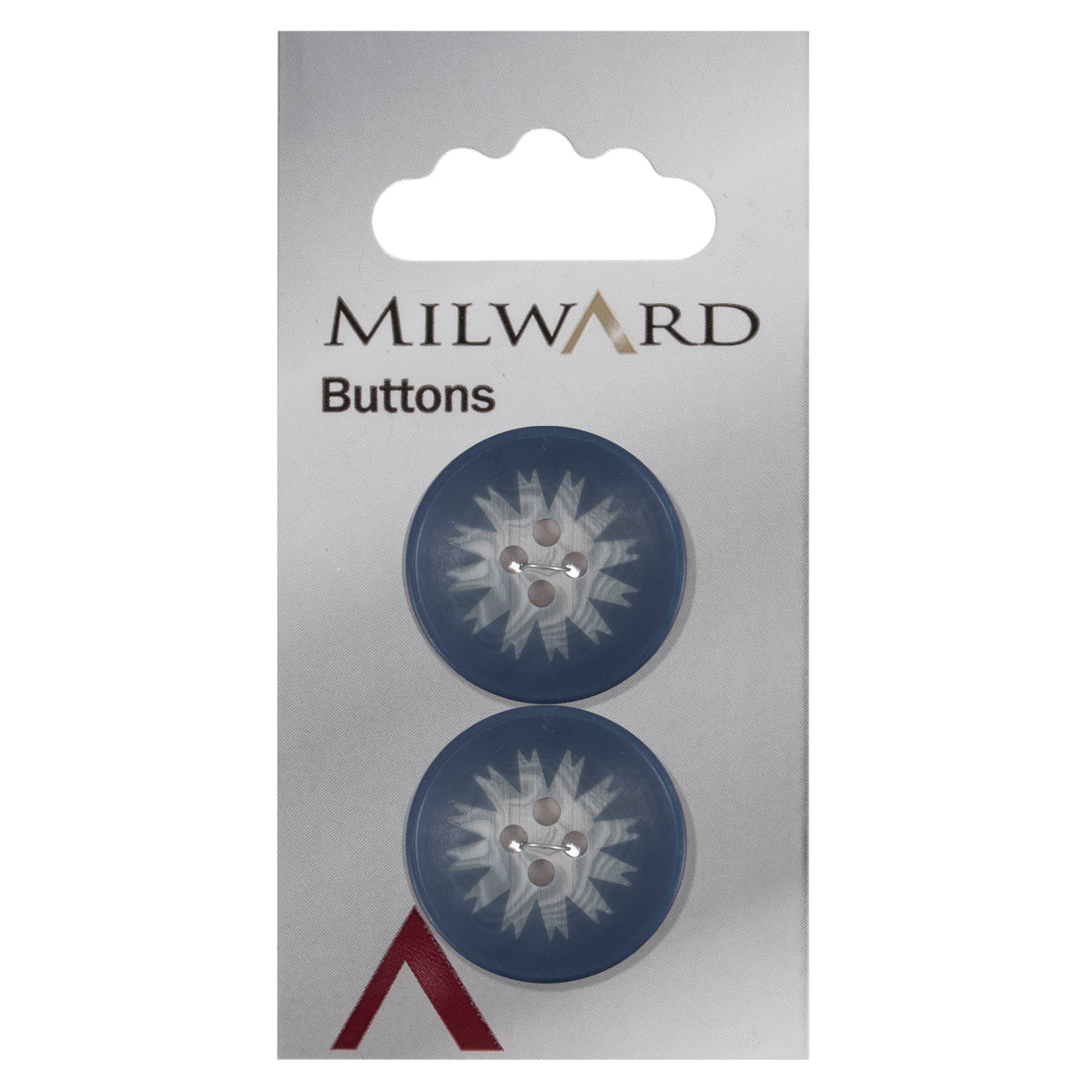 Milward 25mm round navy button with a pale starburst centre and four holes