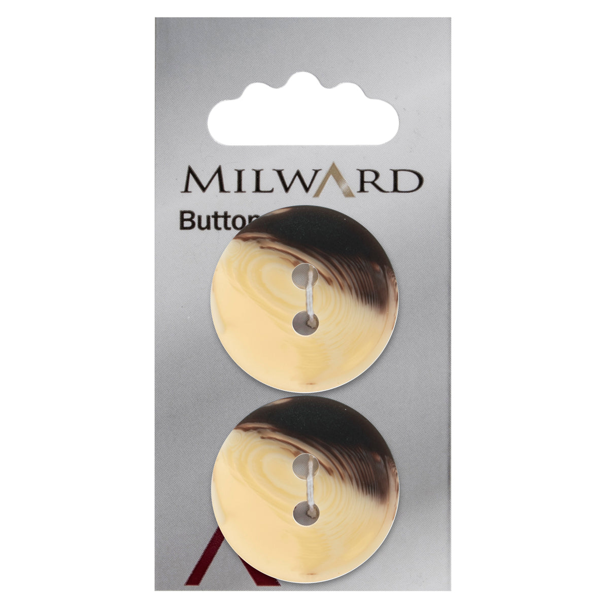 Milward 28mm round cream button with a dark brown horn-effect edge and two holes