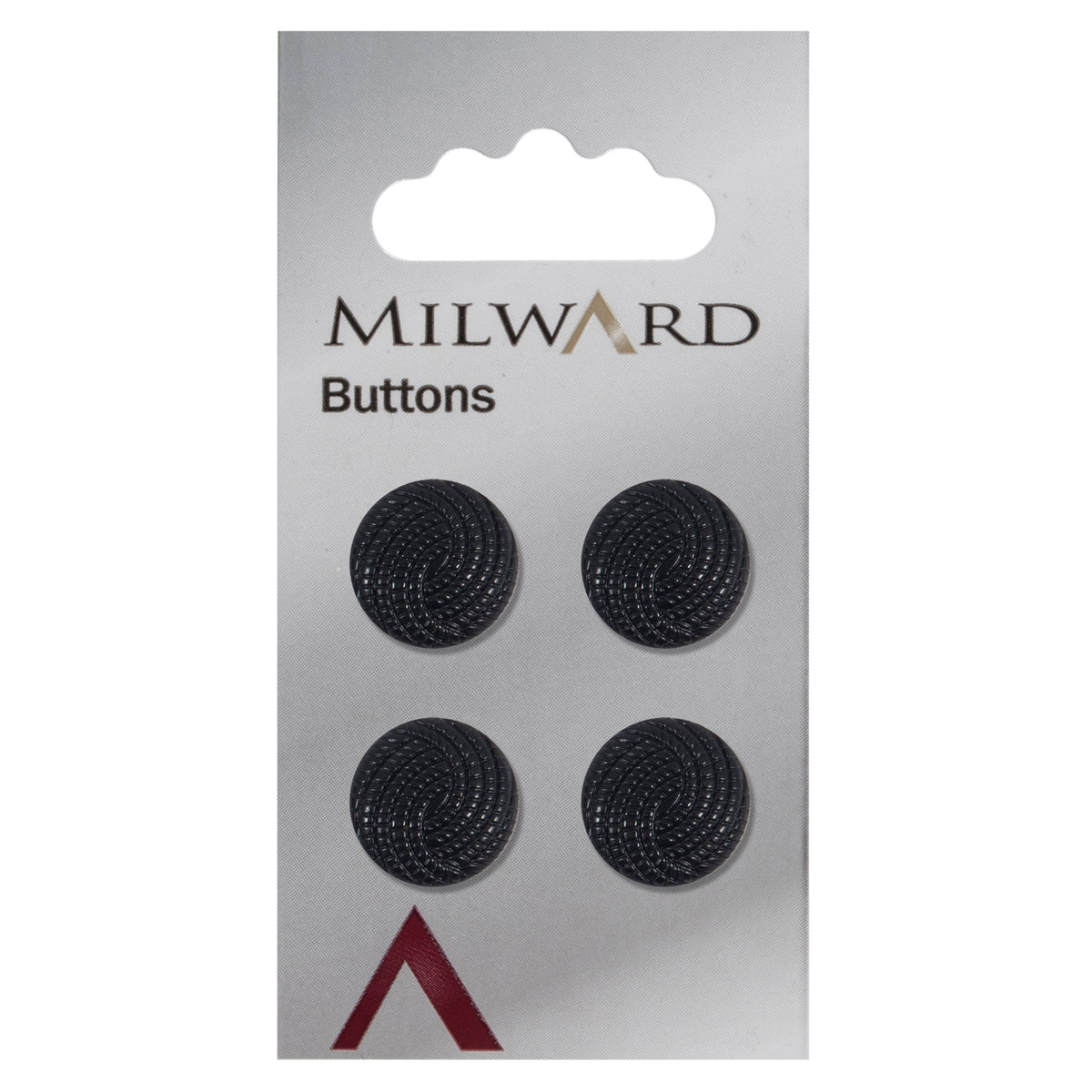 Round black button with a textured swirl pattern
