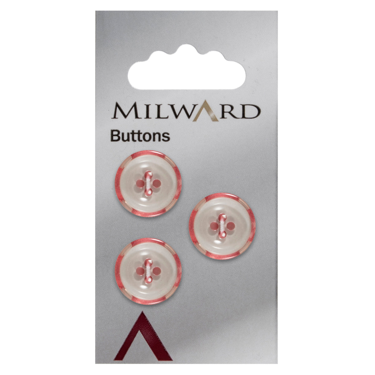 Milward 17mm round white button with a translucent red striped rim and four holes