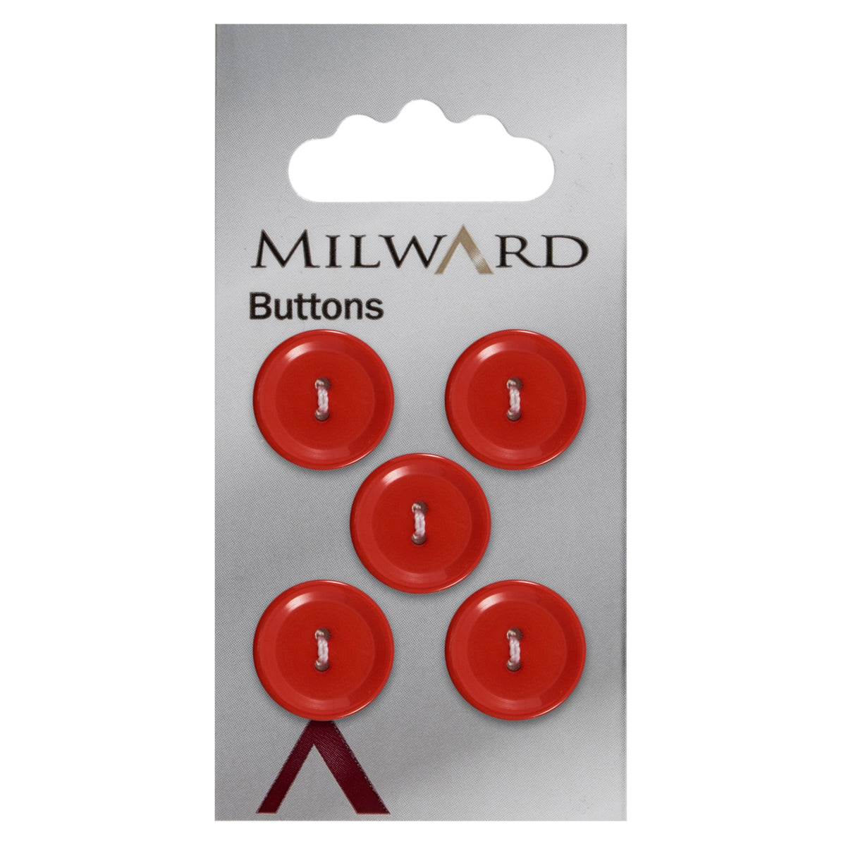Milward 15mm round glossy red button with a raised rim and two holes