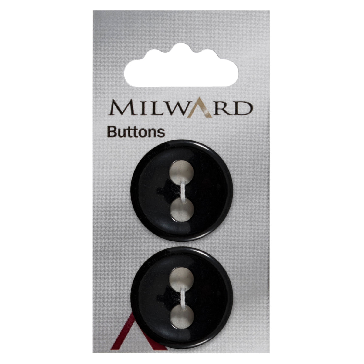 Black round 2-hole button, glossy black with a raised rim and large holes