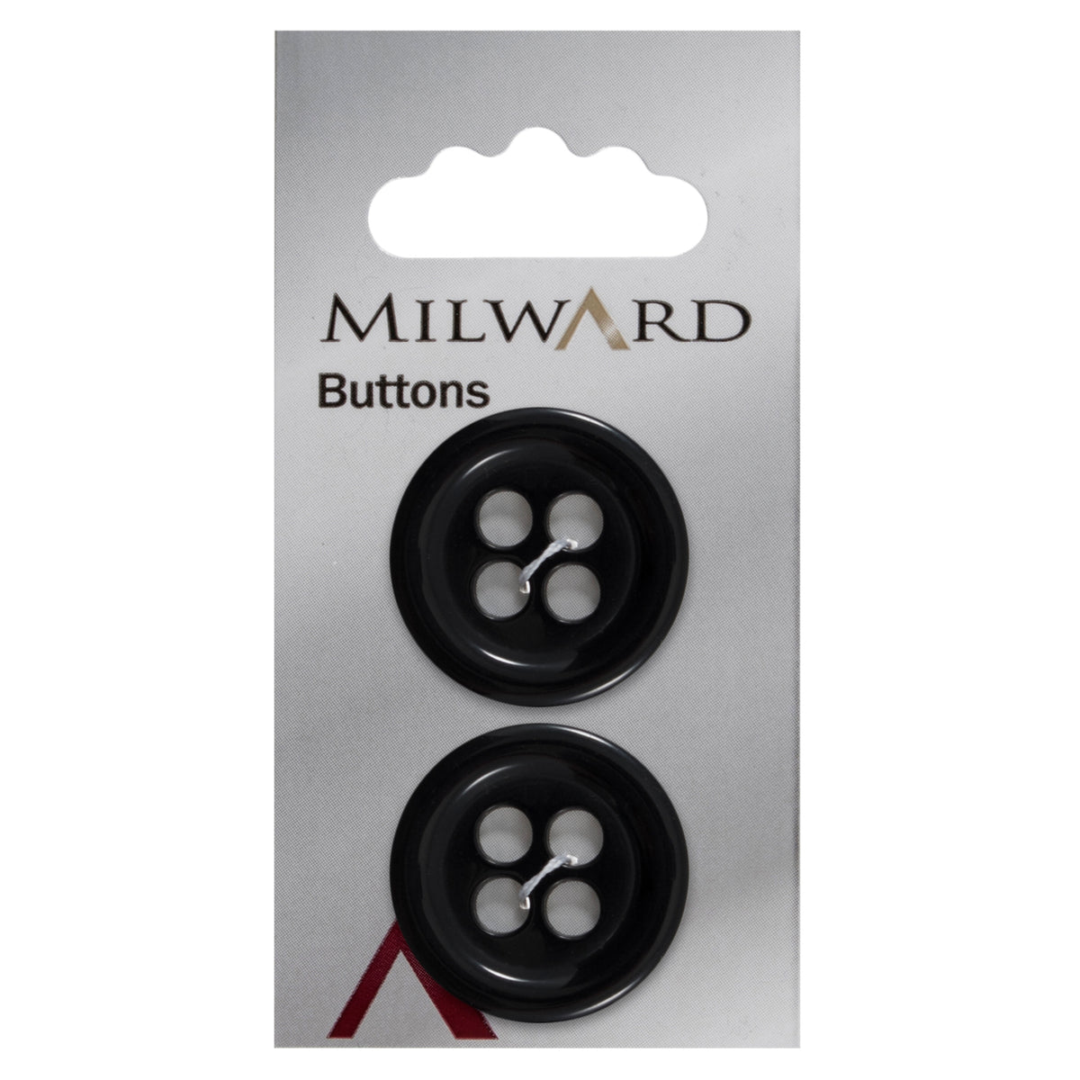 Black round 4-hole button, glossy black with a raised rim