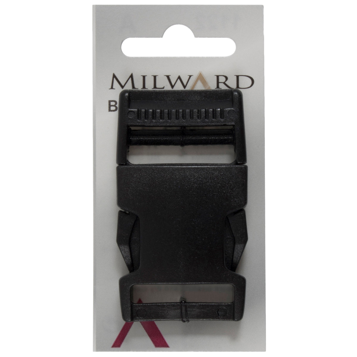 Black square plastic buckle on a card