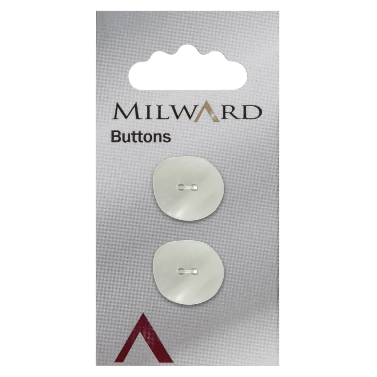 2 white shaped pearlescent Milward 2 hole buttons on a card