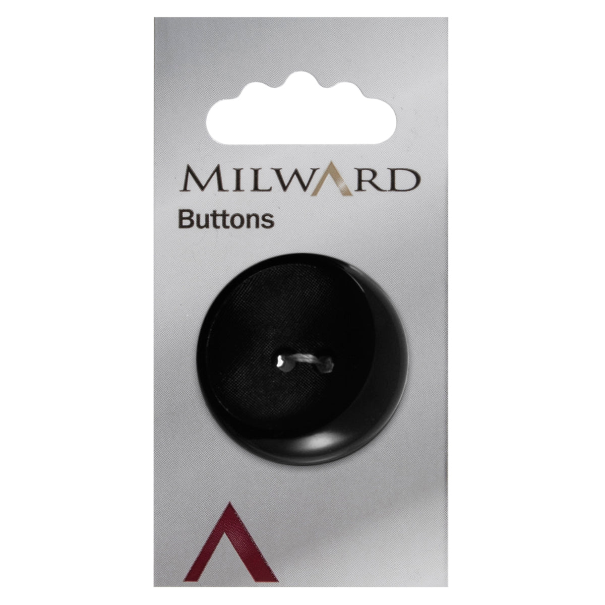 One black large shaped shiny and matt Milward 2 hole button on a card