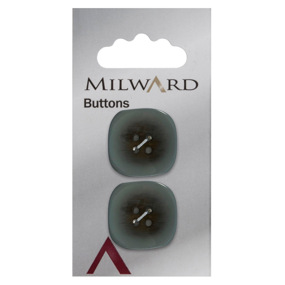 Two 22mm rounded square, two-tone teal buttons on a Milward card