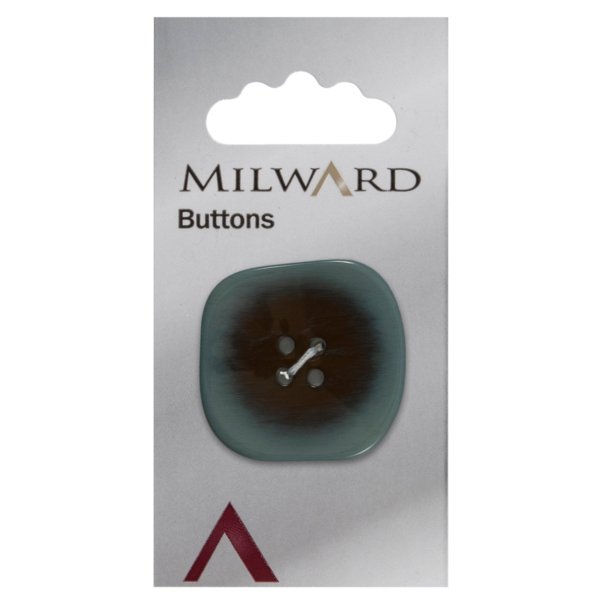 One 34mm rounded square, two-tone teal button on a Milward card