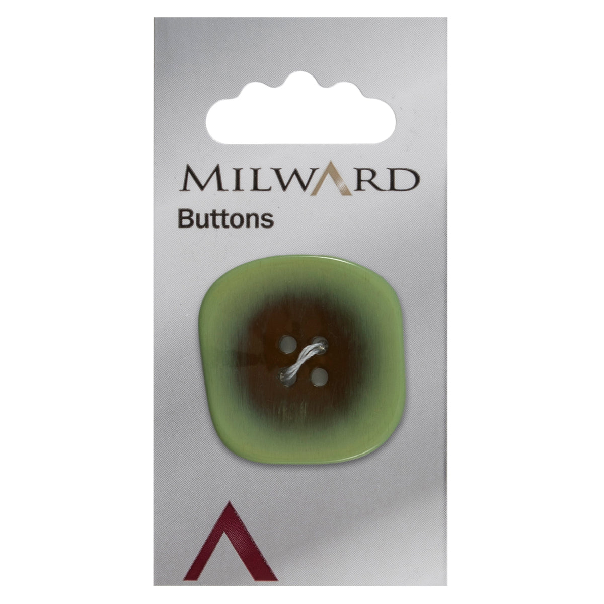 One 34mm rounded square, two-tone green button on a Milward card
