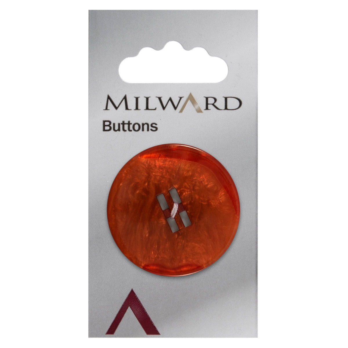 One 38mm large round orange button with a mother of pearl effect on a Milward card