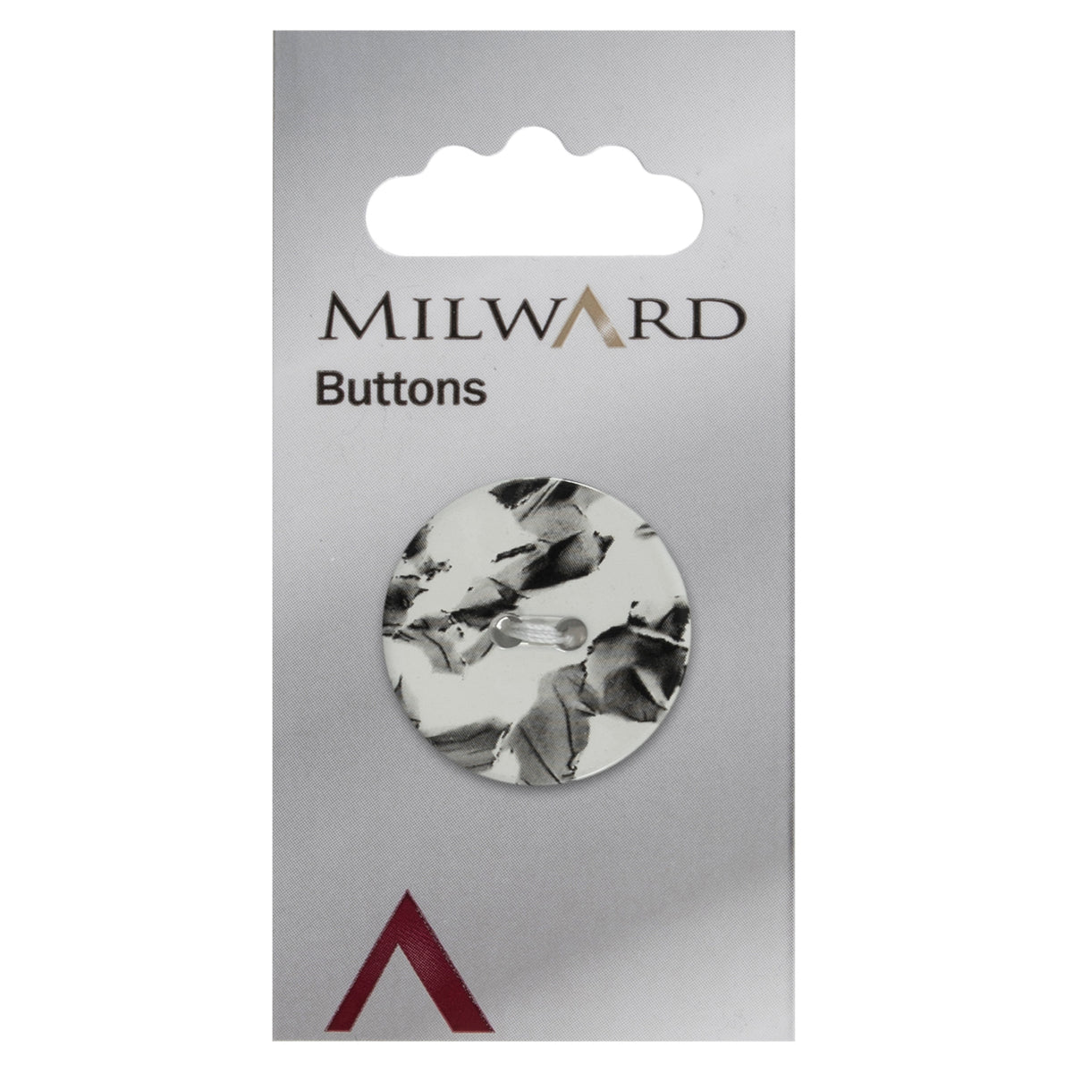 One 28mm round white button with a black marble effect on a Milward card