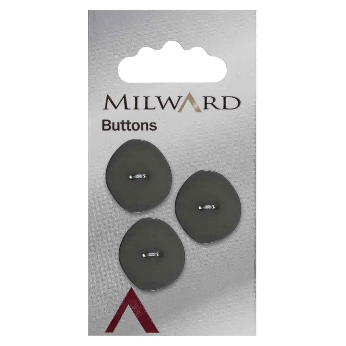 Three 22mm rounded oval dark grey buttons with a stone effect on a Milward card