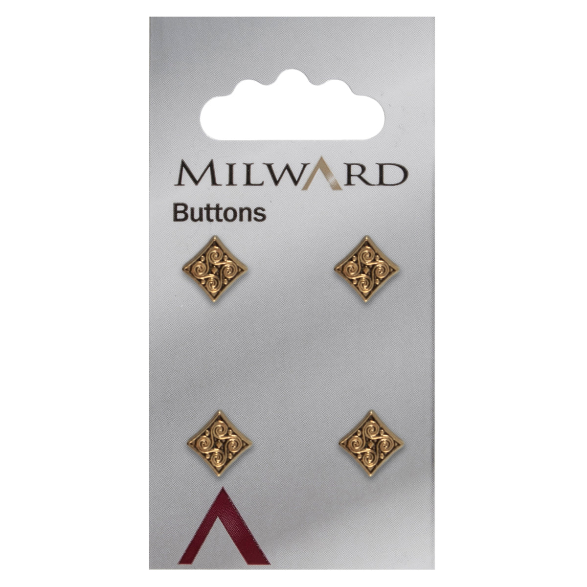 4 square gold buttons with surface detail on a Milward card