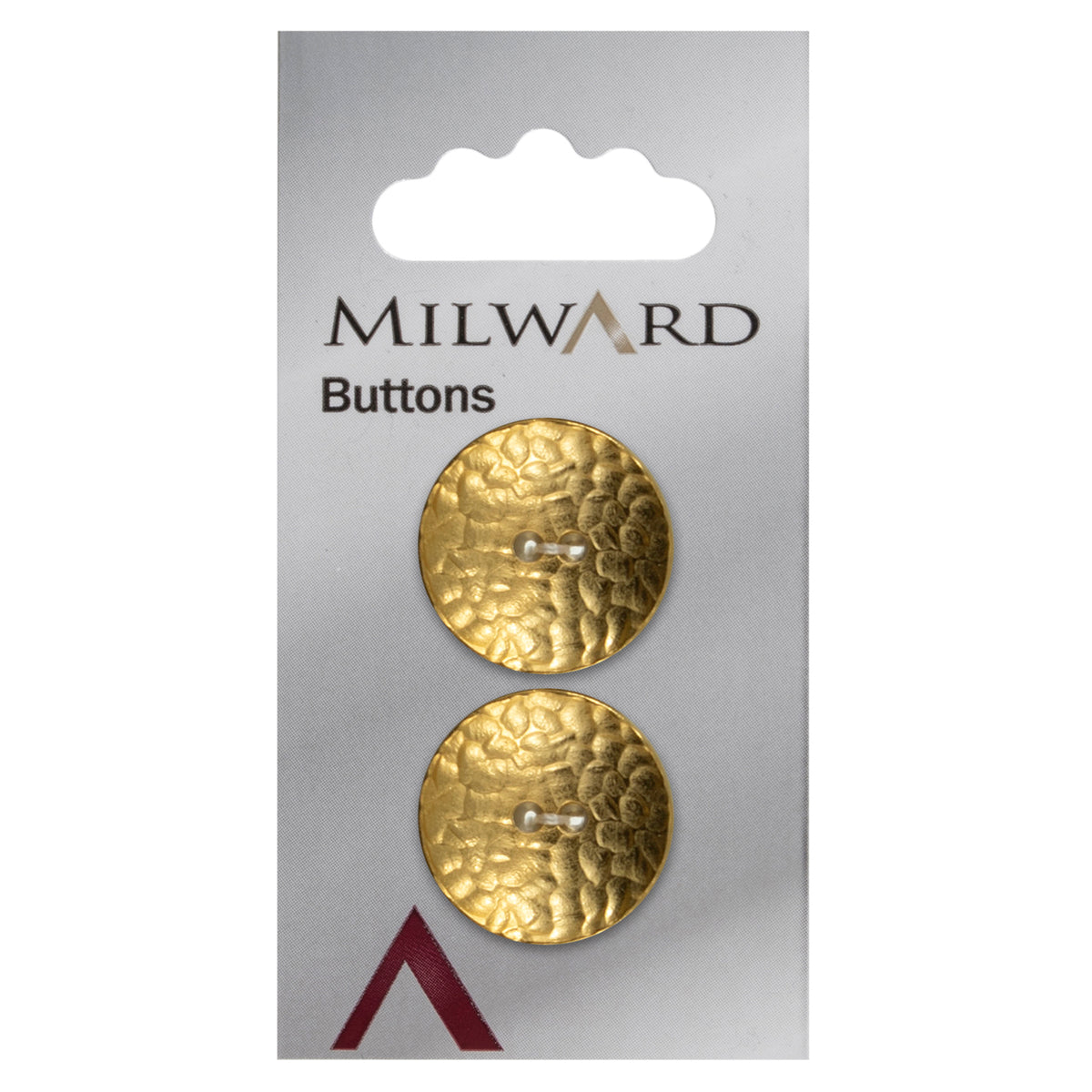 2 round gold buttons with a dimpled finish on a Milward card