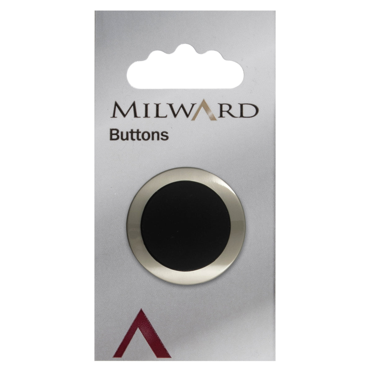 Large silver button with a curved black centre on a Milward card