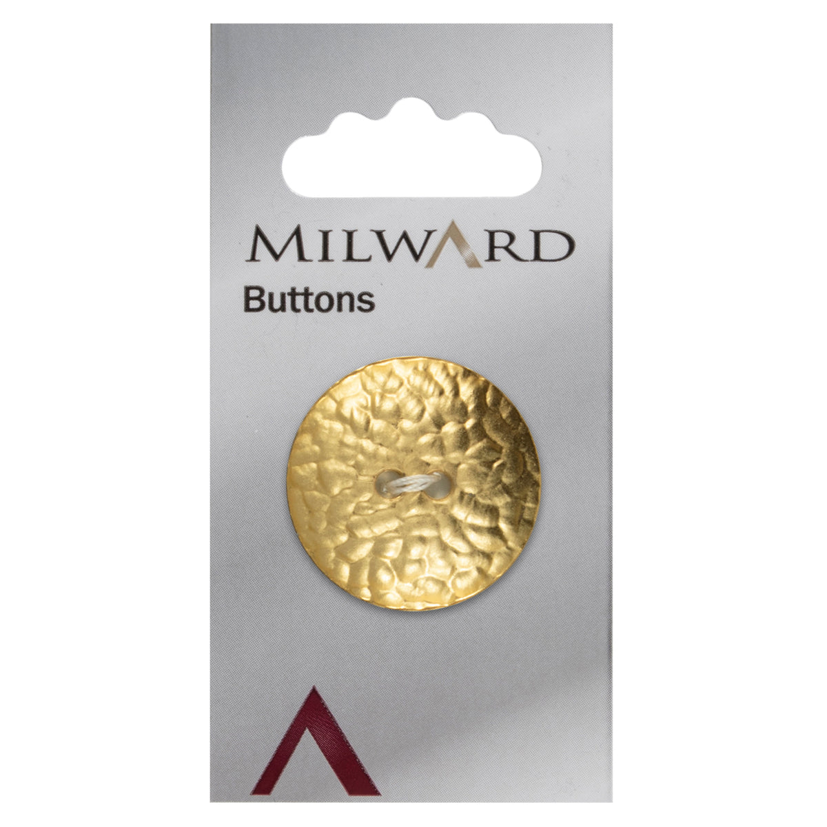 Large gold button with a dimpled finish on a Milward card