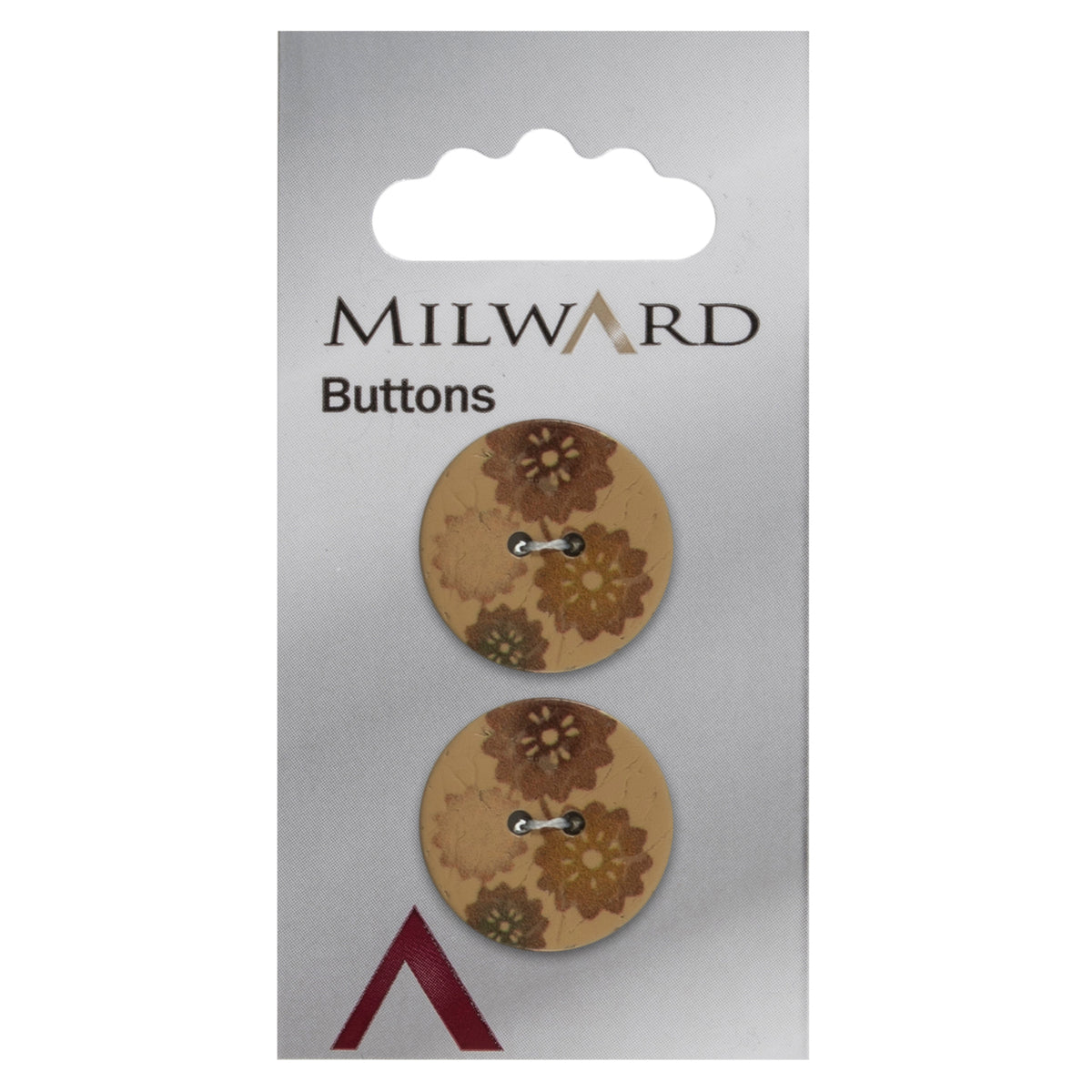 2 round coconut buttons with a flower print on a Milward card