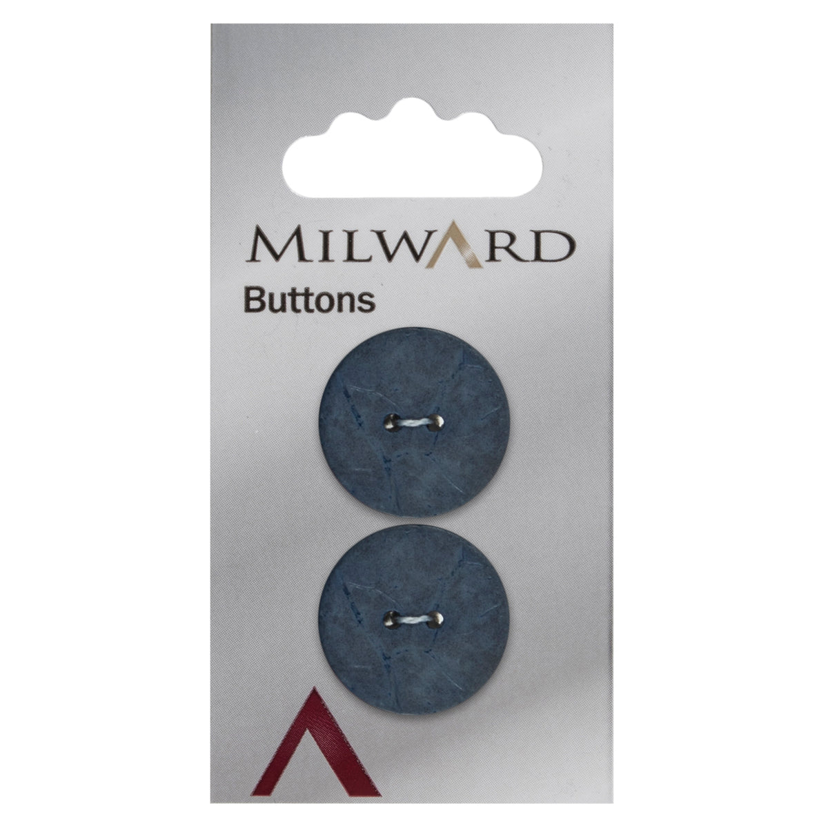 2 round dusky blue coconut buttons on a Milward card