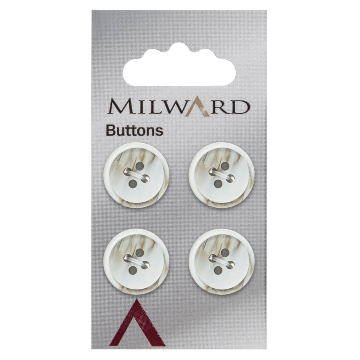 4 white, stone-coloured round buttons with a slightly tilted centre on a Milward card