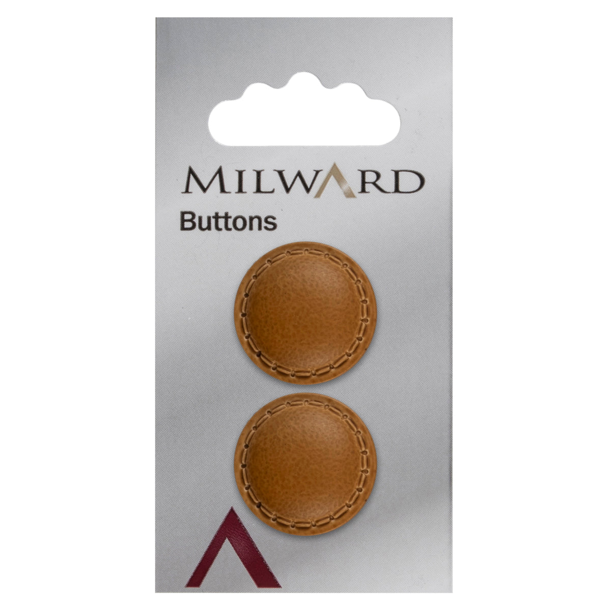 2 chocolate brown imitation leather buttons with a stitched rim on a Milward card