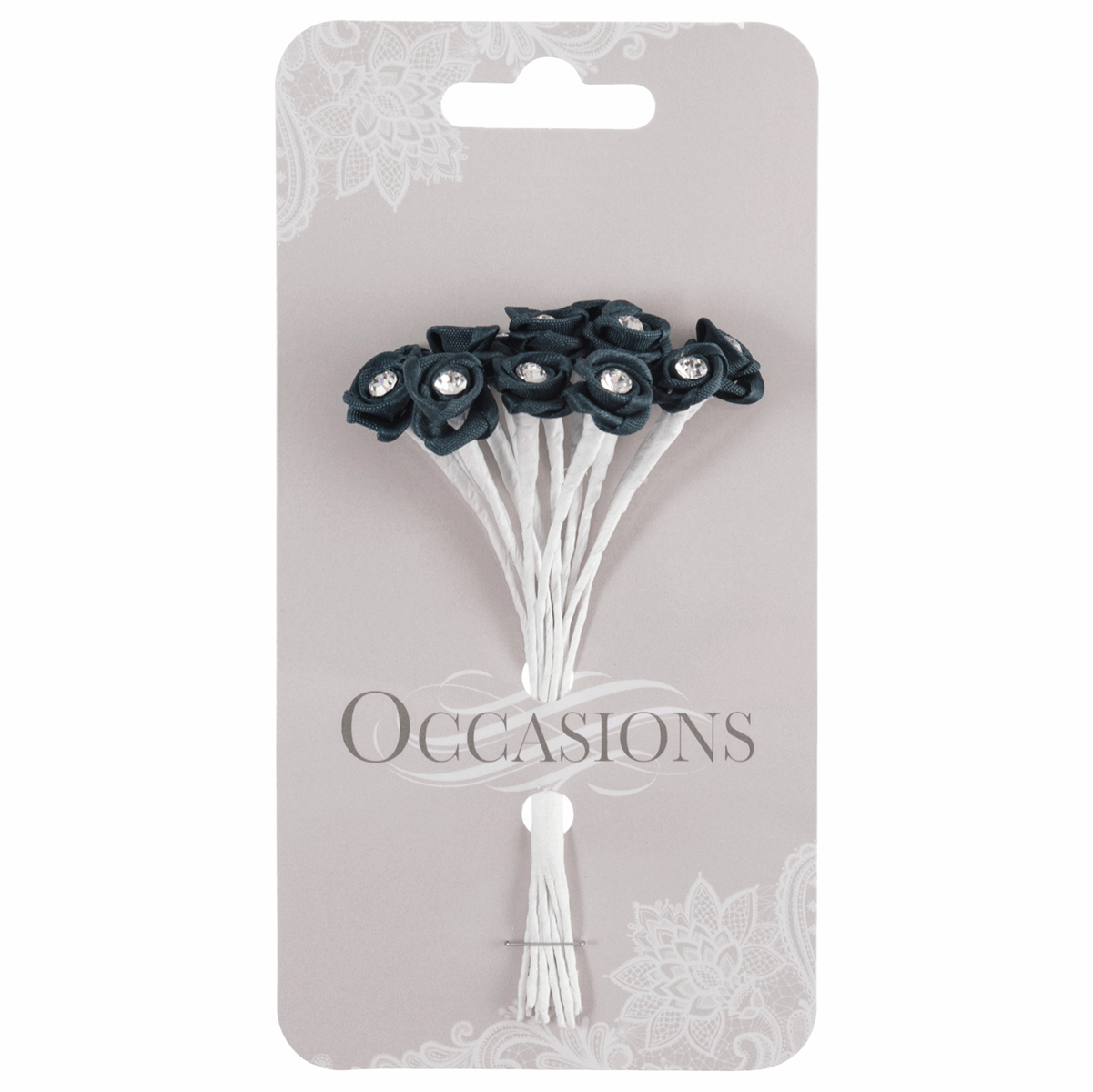 Navy Blue Ribbon Rose Flower Stems with Diamante - 13mm (Pack of 12 Stems)