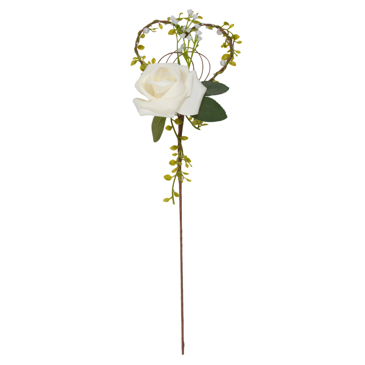 Flower wand with a white rose and green foliage on a brown stem