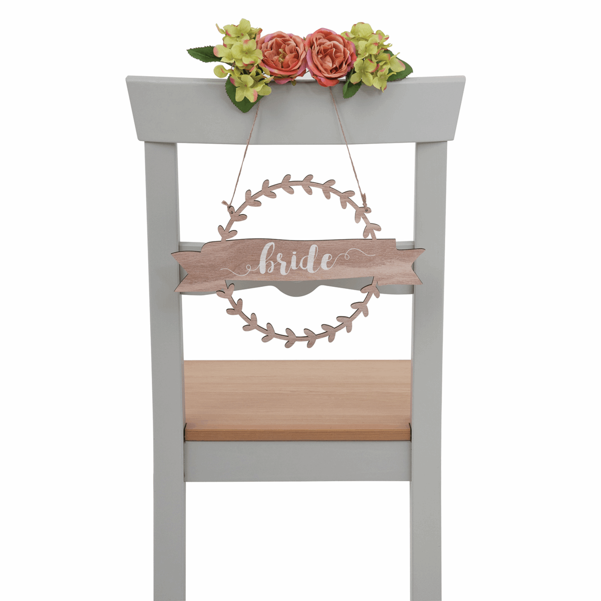 Natural Bride & Groom Chair Sign with Wreath Banner