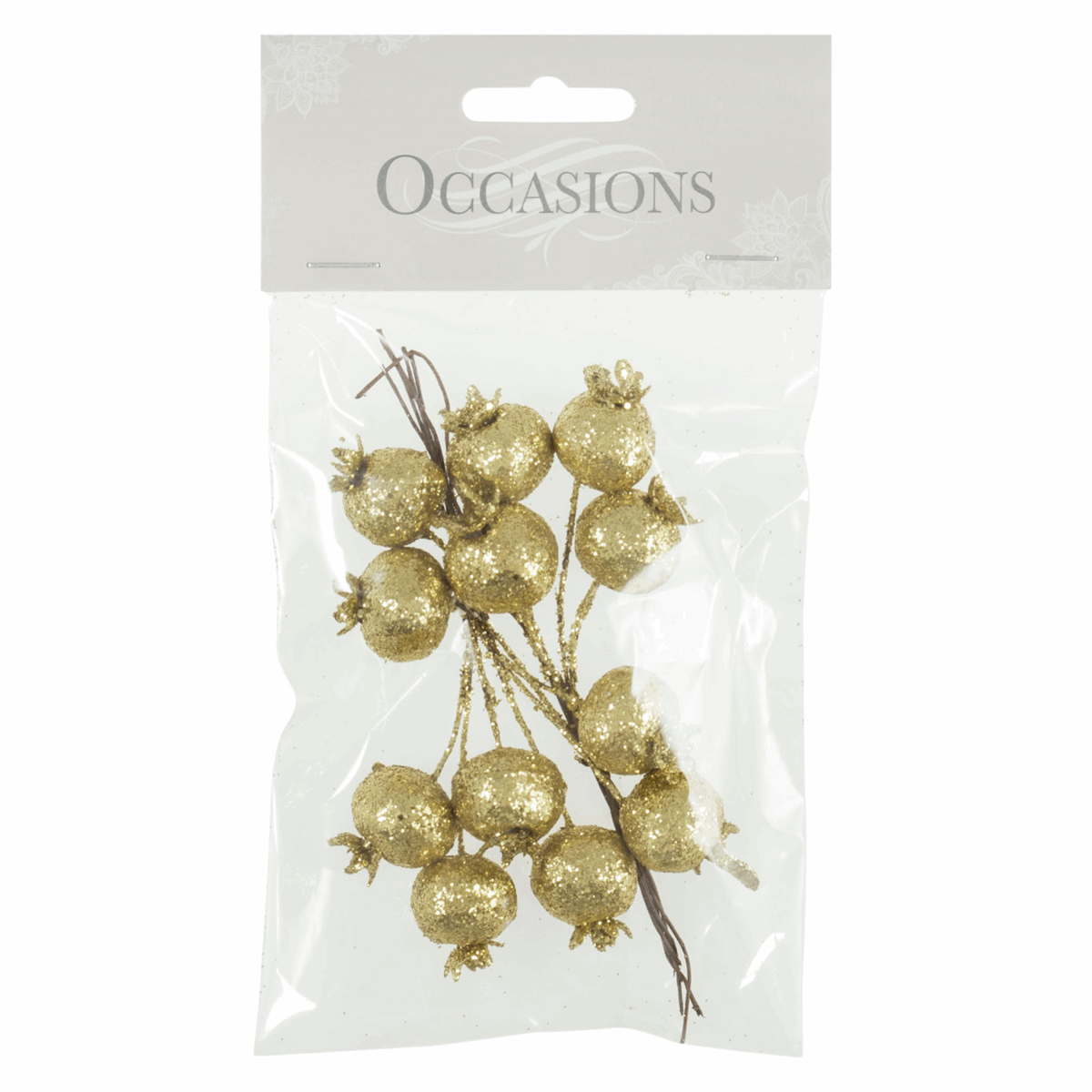 Gold Glitter Pomegranate Bunch on Wire (Pack of 12 Stems)