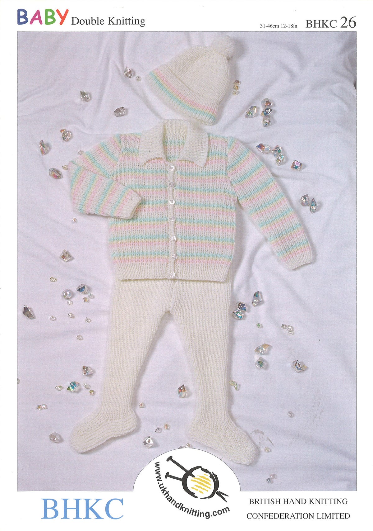 Knitting pattern cover showing coat, leggings and hat