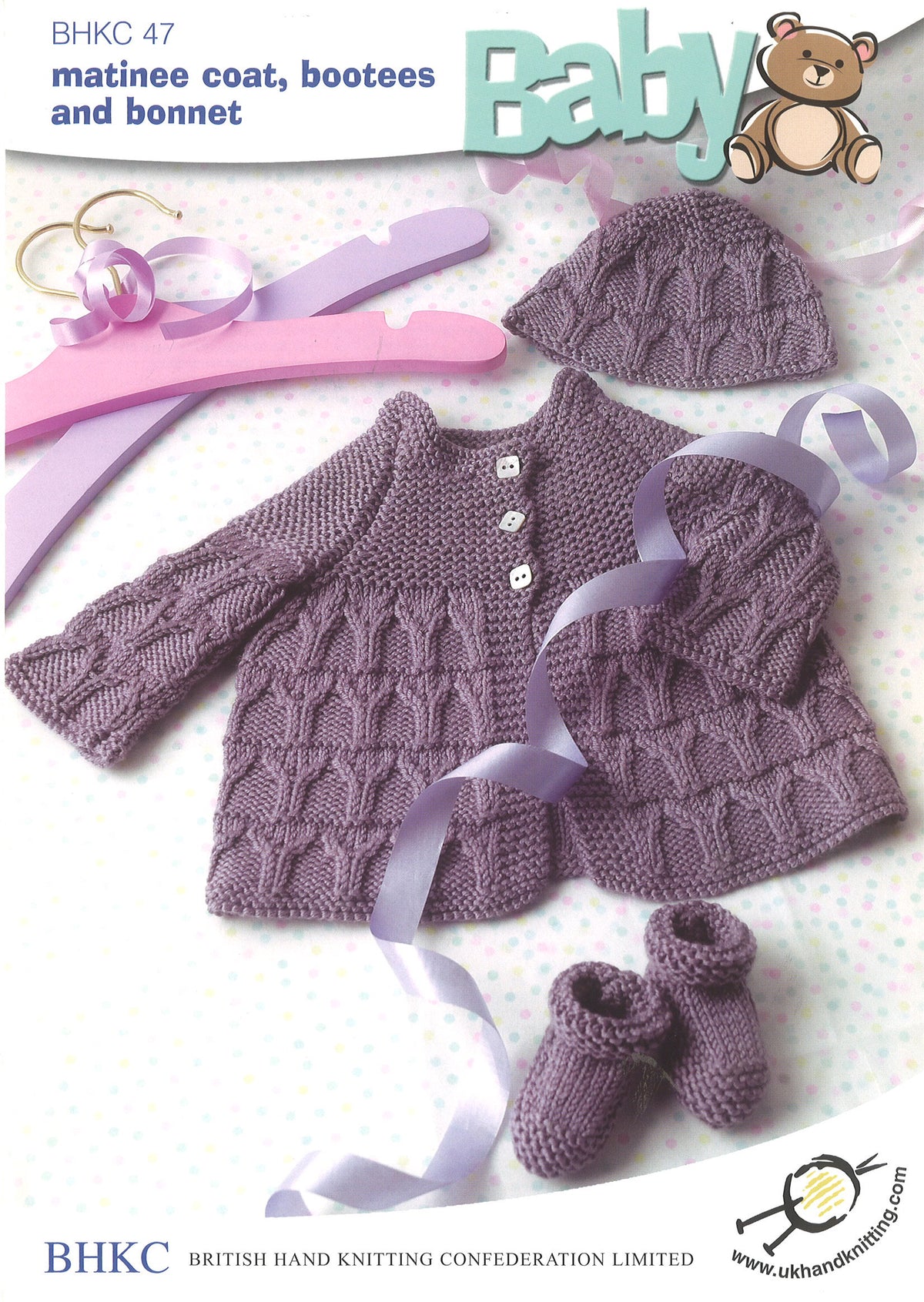 Knitting pattern cover showing matinee coat, bootees and bonnet