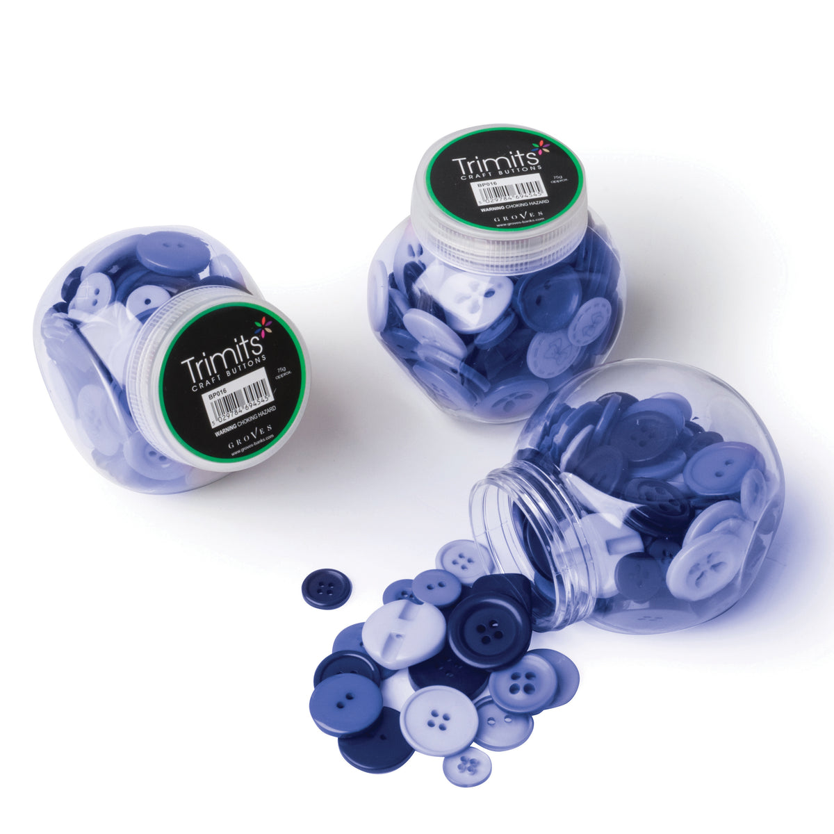Jar of plastic craft buttons in shades of blue