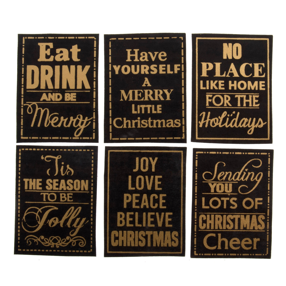 Six black and gold Christmas panels printed with festive sayings
