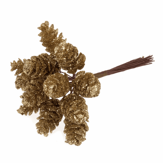 Gold Glitter Pinecone Stems (Pack of 12 Stems)