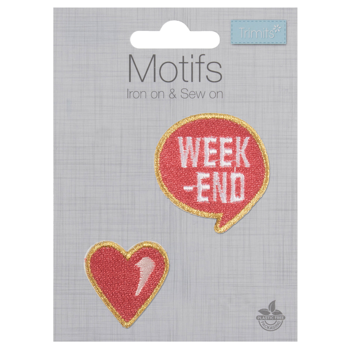 Coral pink heart and Weekend speech bubble motifs with gold edging