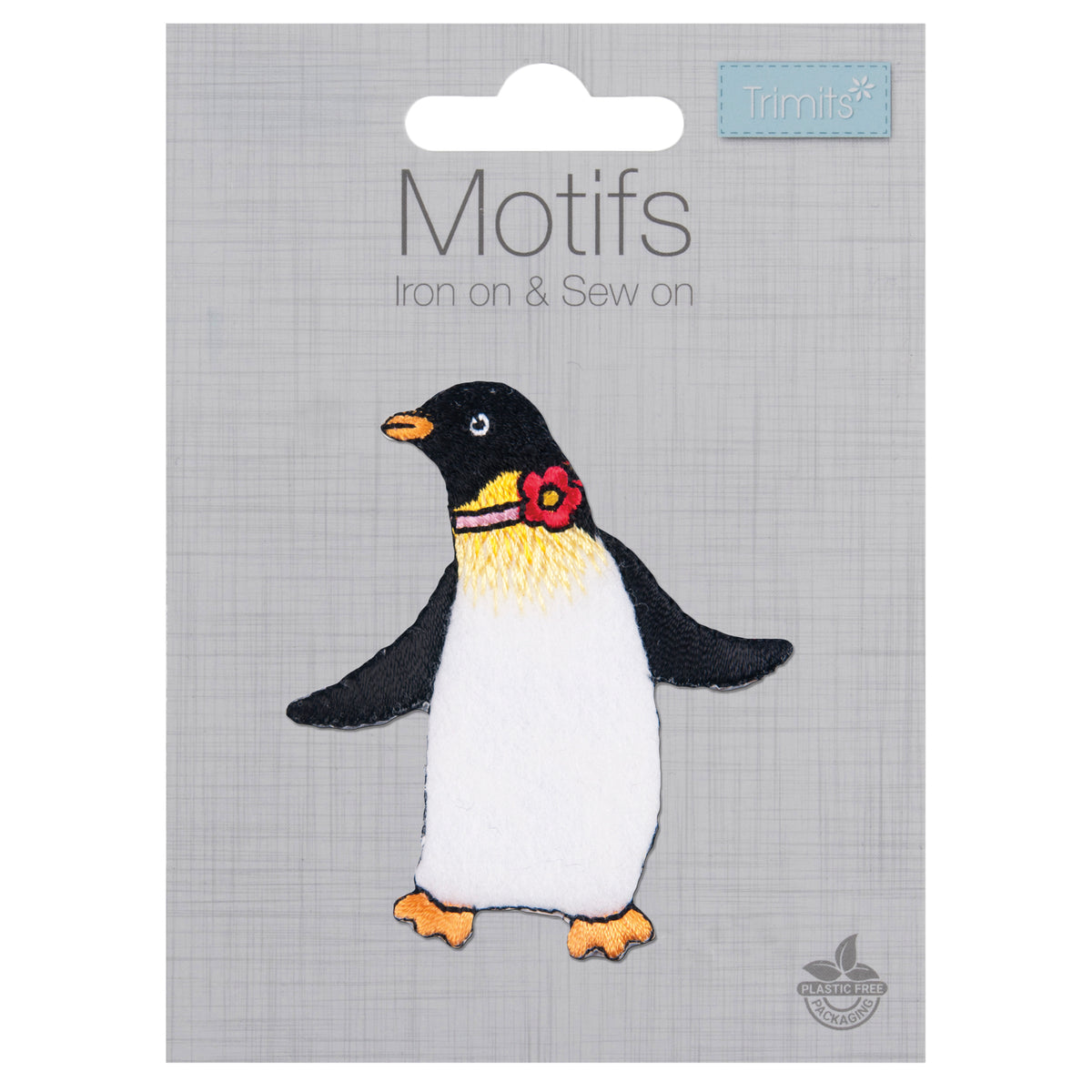 Embroidered dancing penguin motif