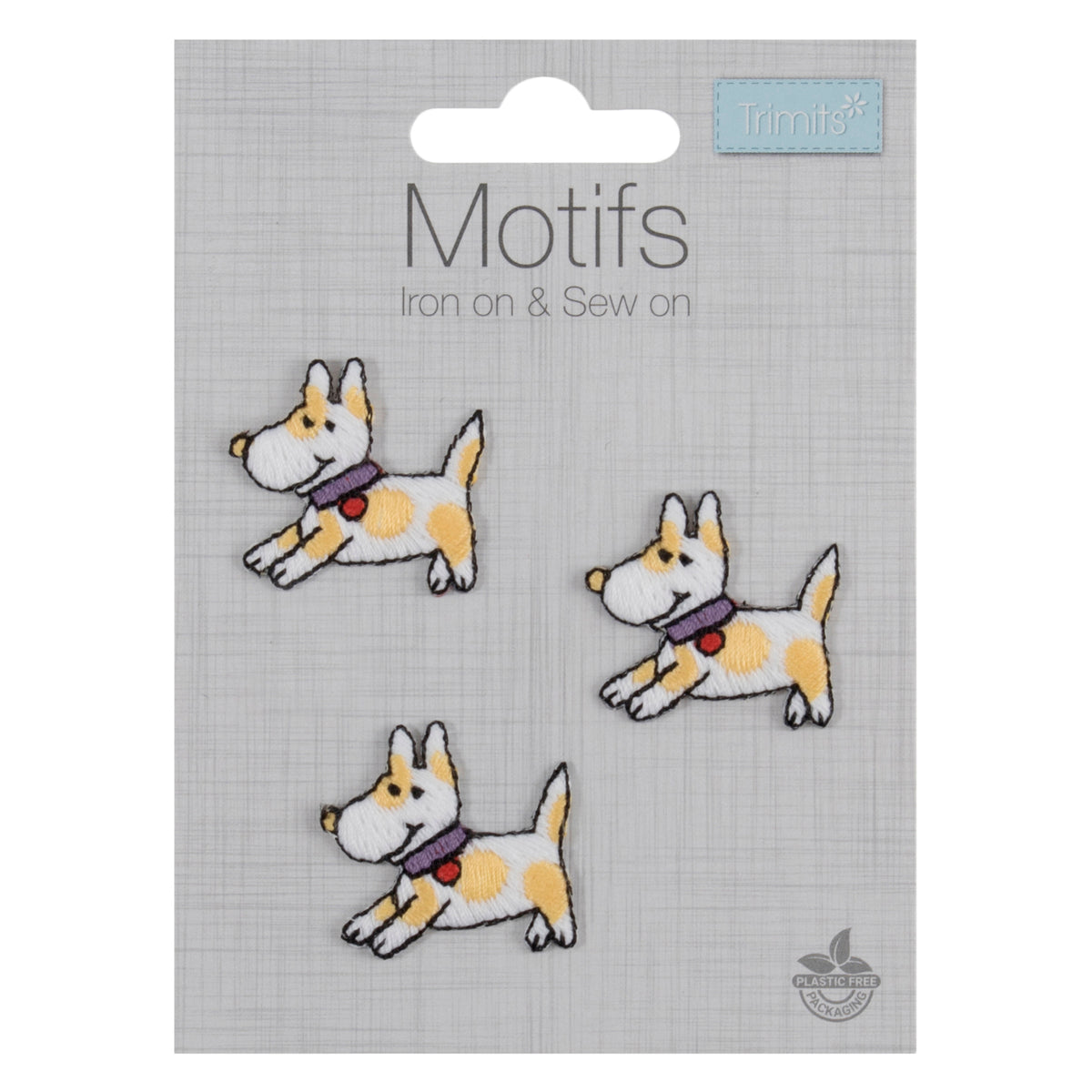 Three small embroidered dog motifs in white and tan