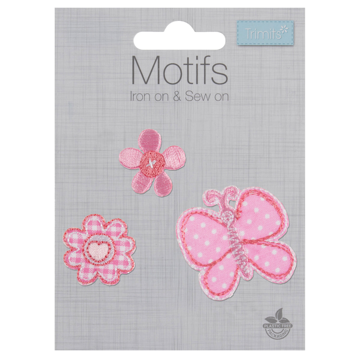 Pink embroidered butterfly motif with two pink flower motifs