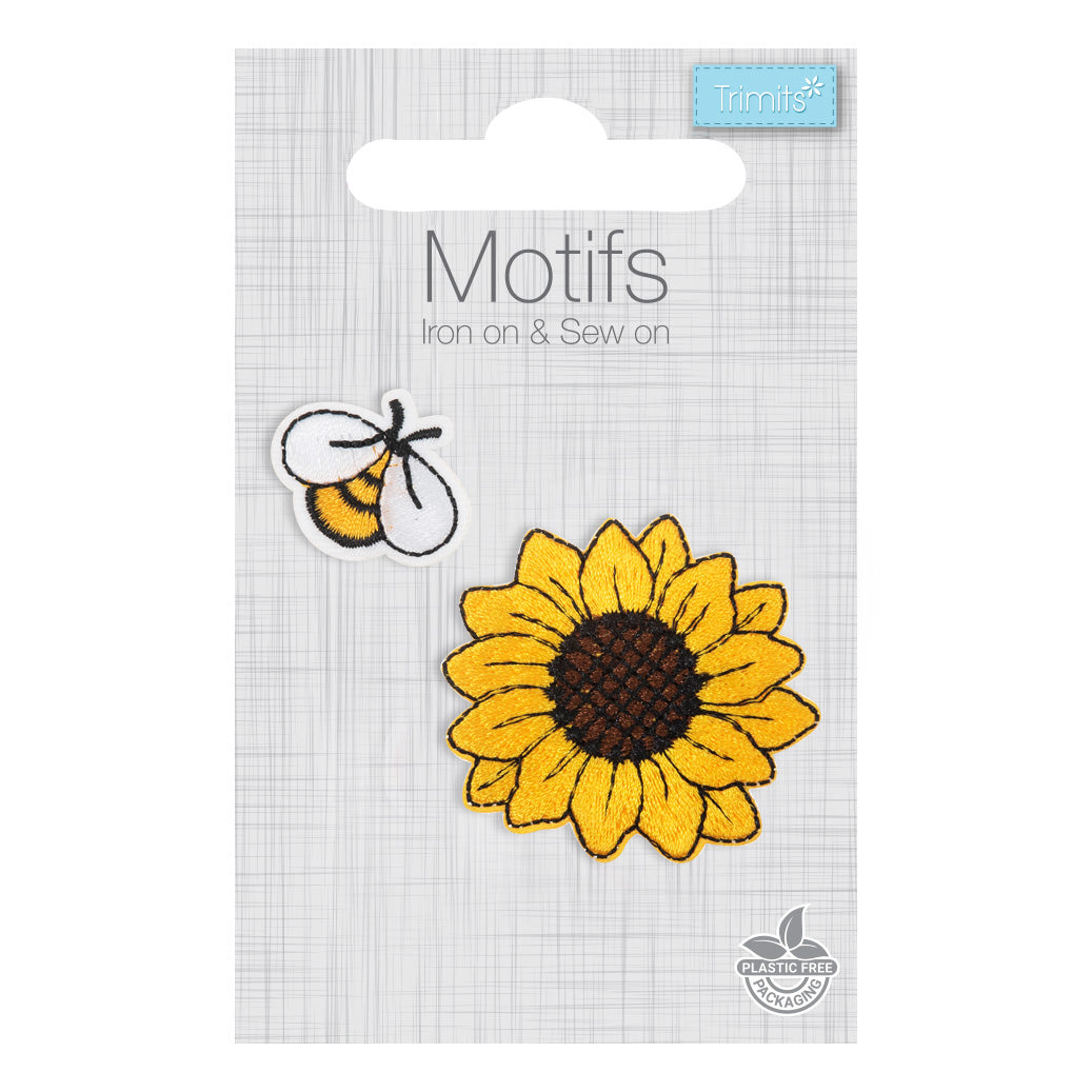 Embroidered yellow sunflower and bee iron-on motifs