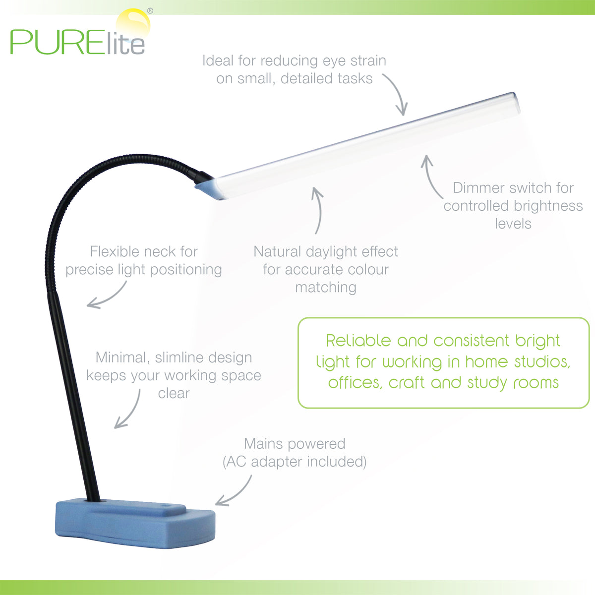 PURElite Lux LED table lamp with long head and gooseneck