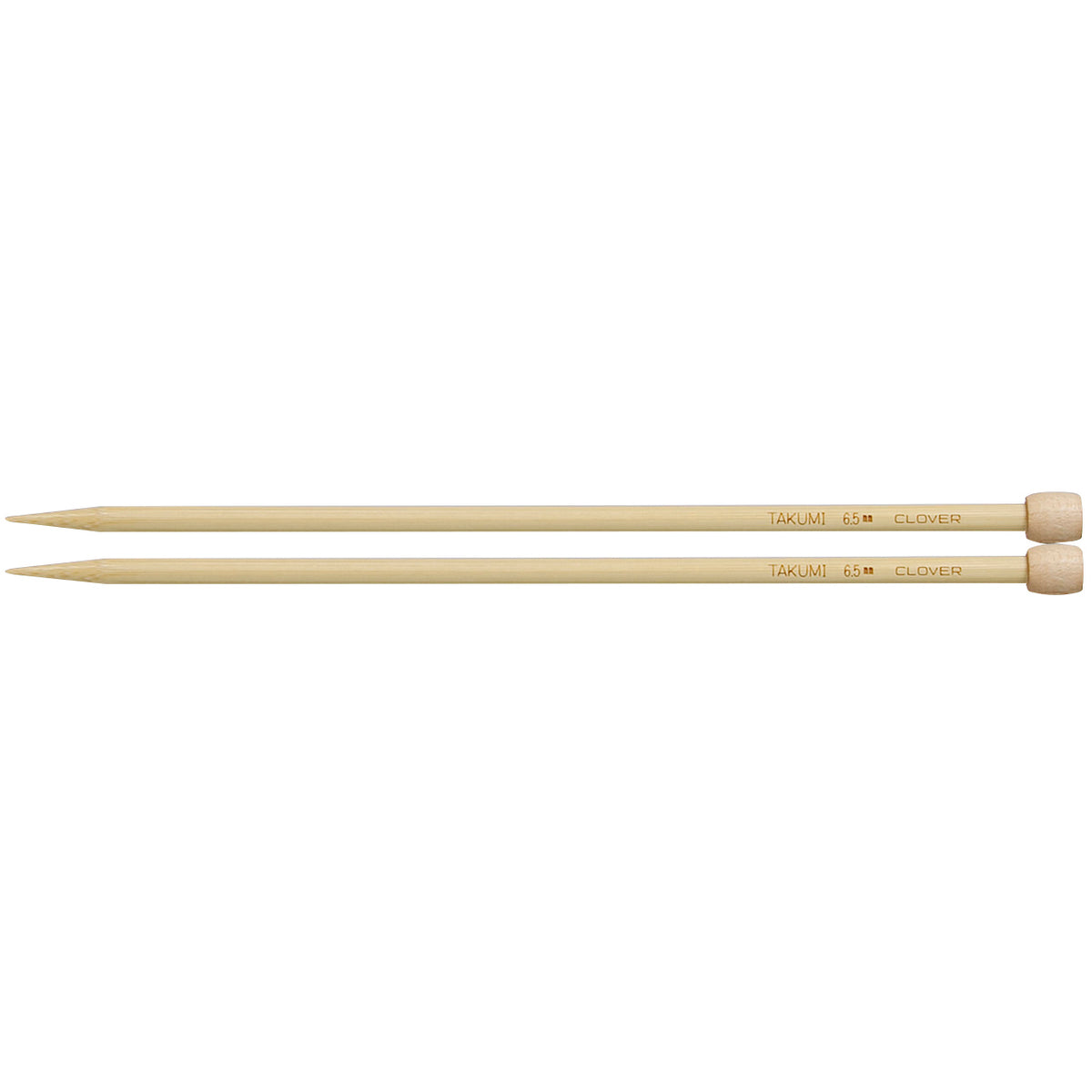 Pair of Clover Takumi bamboo knitting needles, 23cm x 6.5mm, in green packaging
