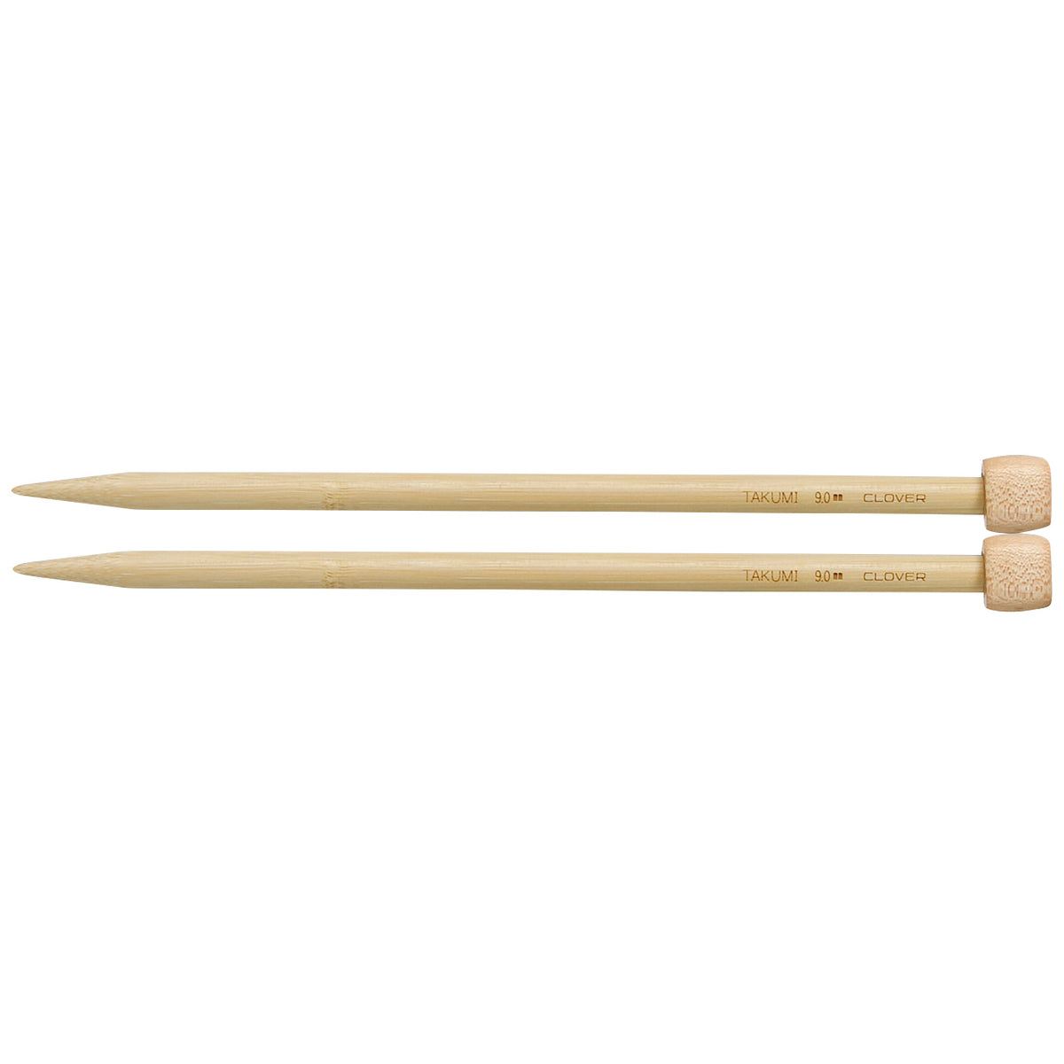 Pair of Clover Takumi bamboo knitting needles, 23cm x 9mm, in green packaging