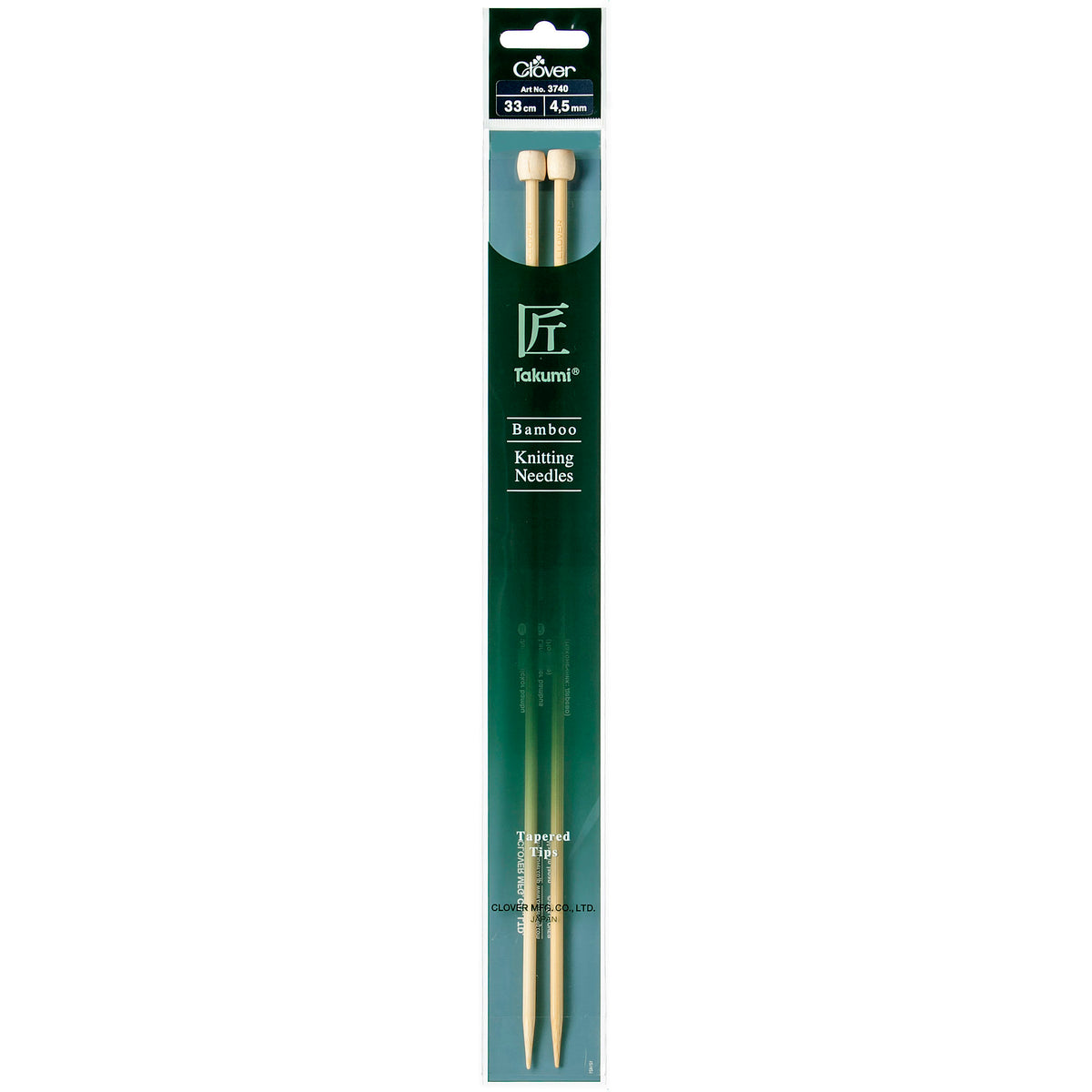 Pair of Clover Takumi bamboo knitting needles, 33cm x 4.5mm, in green packaging