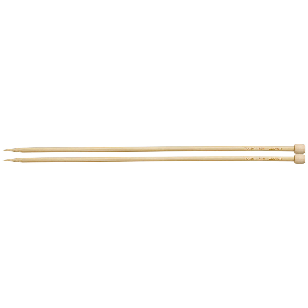 Pair of Clover Takumi bamboo knitting needles, 33cm x 6mm, in green packaging