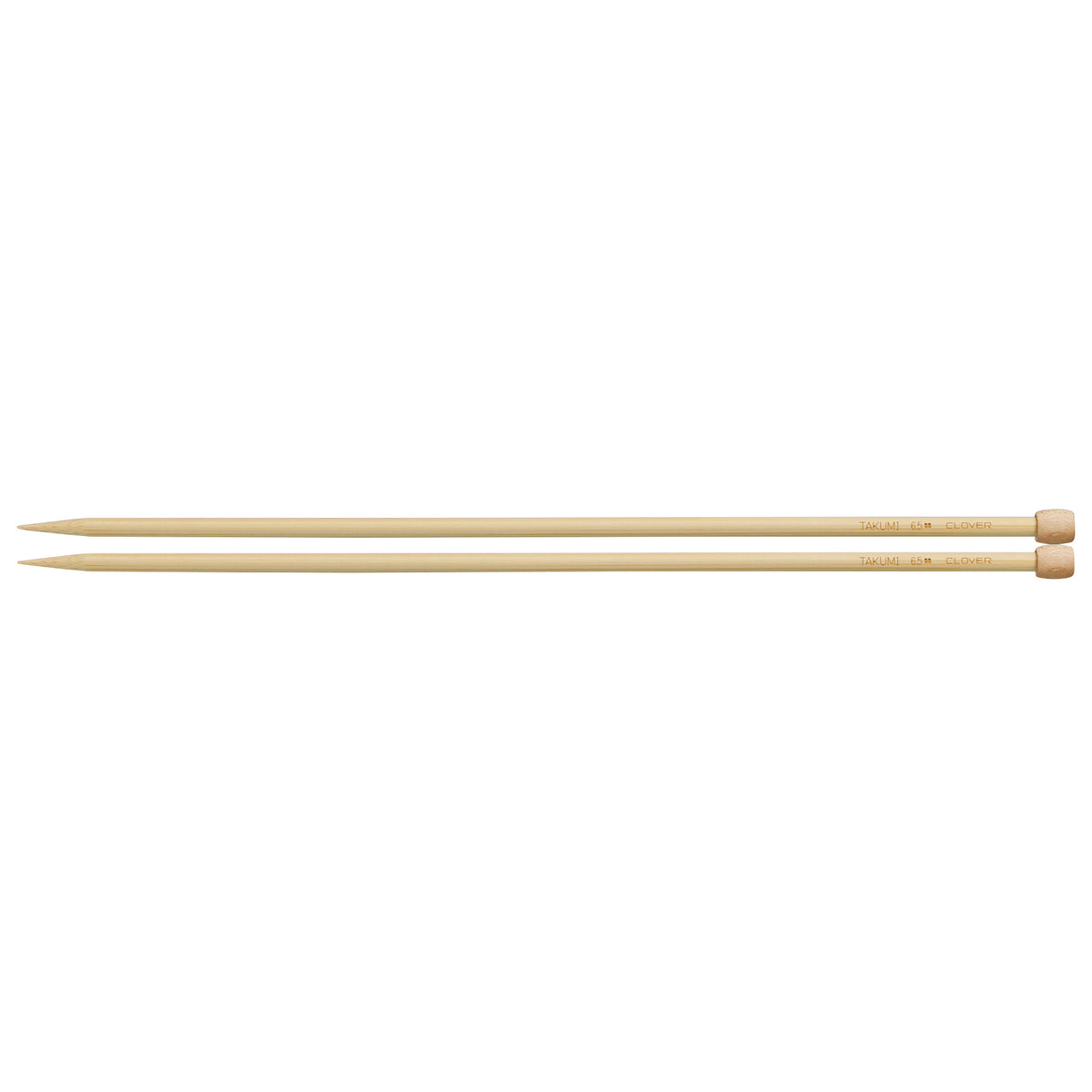 Pair of Clover Takumi bamboo knitting needles, 33cm x 6.5mm, in green packaging